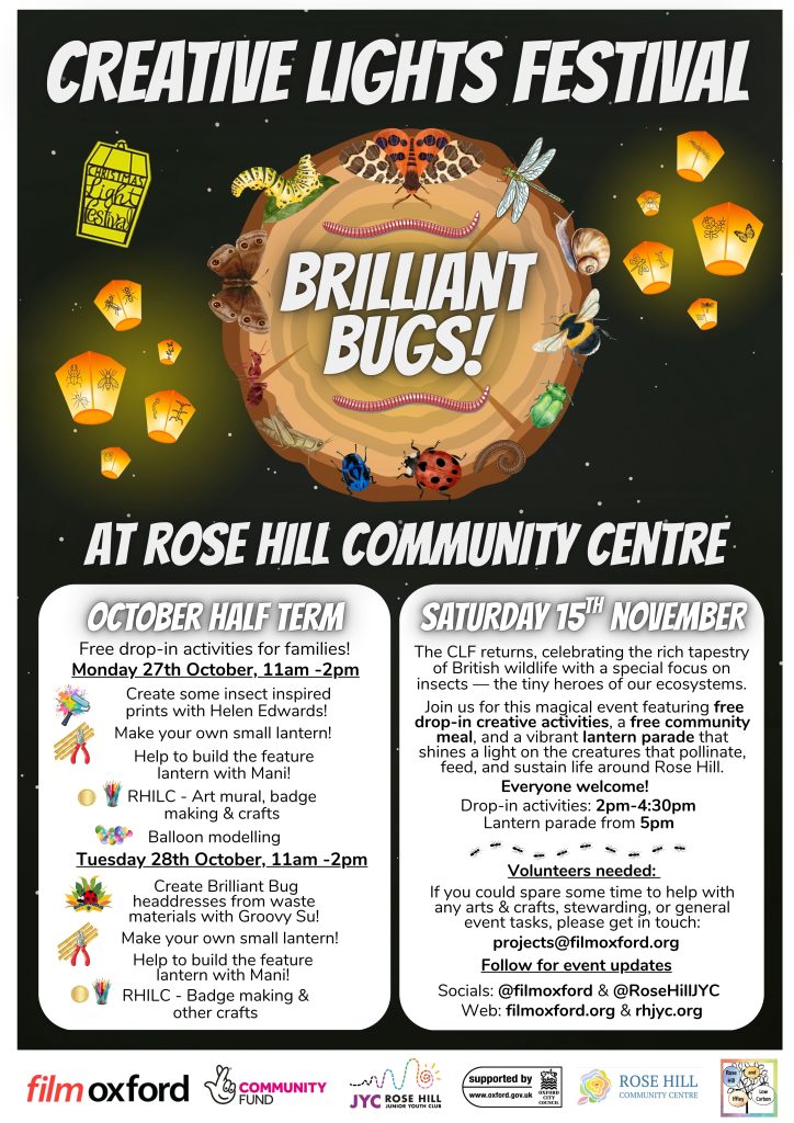 Creative Lights Festival: Brilliant Bugs at Rose Hill Community Centre in Oxford. Run by Film Oxford, Rose Hill and Iffley Low Carbon and Rose Hill Junior Youth Club